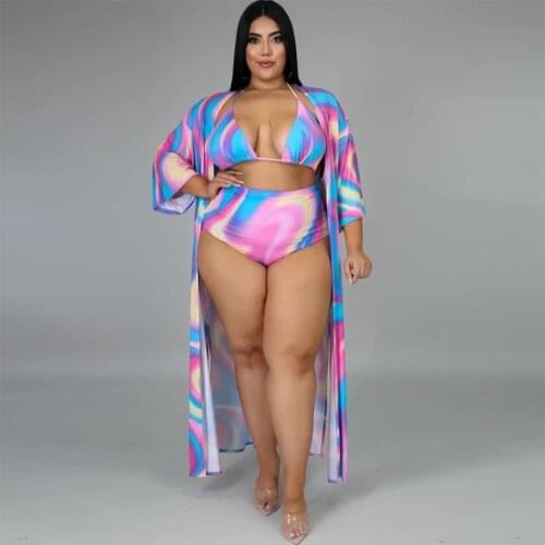 XL-5XL Plus Size Tie Dye Print 3 Piece Bikini Set Summer Outfits Halter Crop Top+underpant+cover Up Coat Holiday Matching Suits