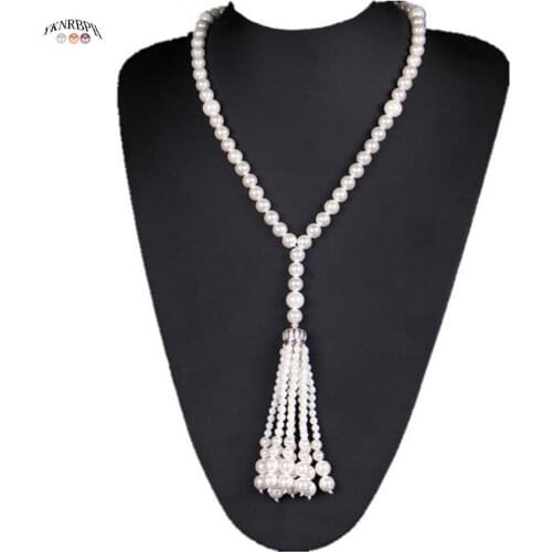 YKNRBPH Womens Retro Natural Pearl Necklace Long temperament 14K Gold Fringe sweater chain