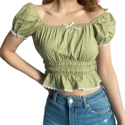 Womens 2021 summer sexy corset sweet fashion plaid bow tie short blouse retro square collar short sleeve blouse streetwear