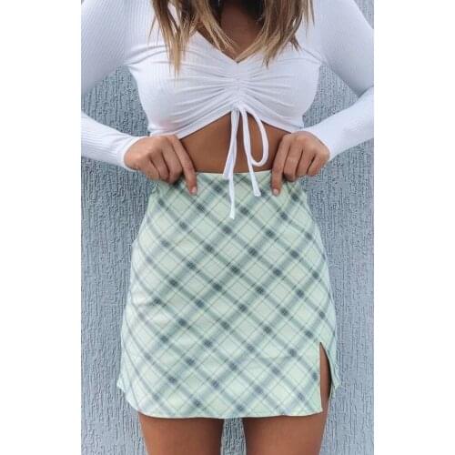 Min Skirts Green Plaid Printting Skirts High Split High Waist Skirts For Women Waist Skirts Vintage Female Lady Spring