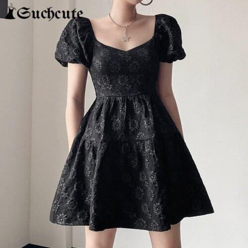 SUCHCUTE Elegent Square Neck Dress 2021 Summer Flower Print Dark Academia A-Line Dress Gothic Puff Sleeve Mini Dress For Women