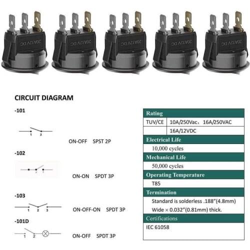 20Pcs 3 Pin 12V 20A Amps Car Truck Rocker Round Toggle LED Switch On-Off Control, Blue, Green, Yellow, Red