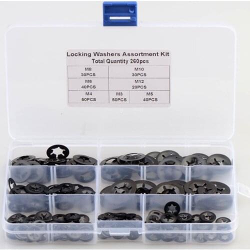 260Pcs M3-M12 Plum Blossom Hole Retaining Ring Bearing Clip Retaining Ring Push-on Locking Washers Locking Fastener Assorted Kit