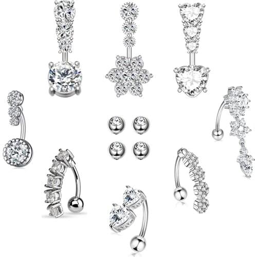 8Pcs 14G Dangle Belly Button Rings 316L Surgical Steel Clear CZ Barbell Piercing Reverse Curved Navel Barbell Women Body Jewelry