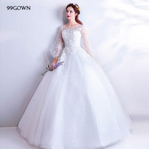 99GOWN 2021 Simple Wedding Dress Long Lantern Sleeve Handmade Flower Backless Bridal Wedding Ball Gown A-Line Dresses