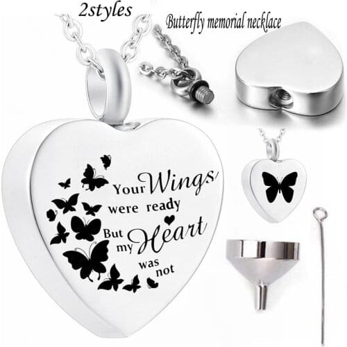 Butterfly Cremation Urn Necklace for Ashes Heart Pendant Keepsake Funeral Urn Jewelry -Your Wings Were Ready My Heart was not
