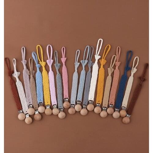 Baby Pacifier Clips Wooden Infant Kids Cotton Crochet Pacifier Chain Newborn Teething Soother Chew Dummy Chain Handmad