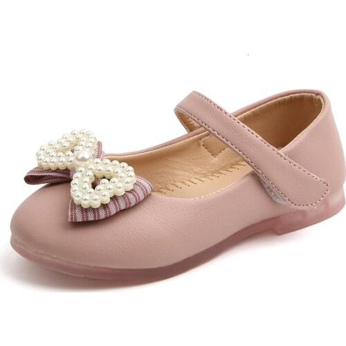 Spring Autumn 2021 Girls Shoes Princess Kids Dress Shoes For Wedding Party Bowtie With Pearls Beading Sweet Soft Children Flats