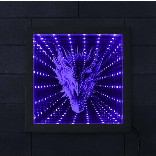Gothic Dragon Head Led Mirror Tunnel Light Square Infinity Tunnel Wall Hanging Night Lamp Mythical Beast Dragon Photo Moldura