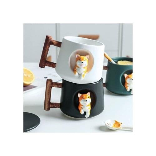 Cartoon Ceramic Cup Personality Creative Mug With Lid Spoon Couple Household Drinking Cup Coffee Cup Shiba Inu Cup