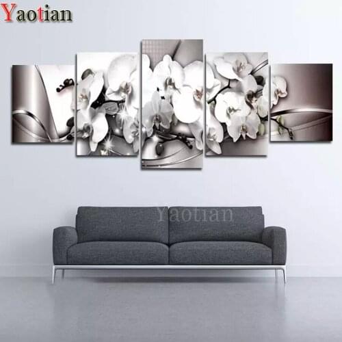 5D DIY Full Drill Diamond Painting White magnolia flower Cross Stitch 5 Panels diamond Embroidery Kit Living room decoration art