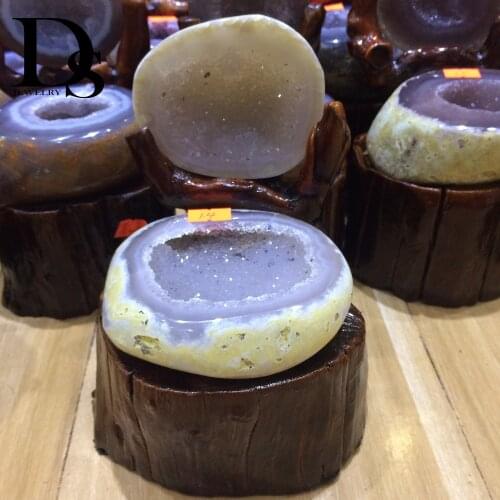 Natural Agate Geode Bowl Crystal Quartz Hollow Sphere Natural Rough Drusy Cluster Agate Treasure Basin Carnelian Wooden Stand