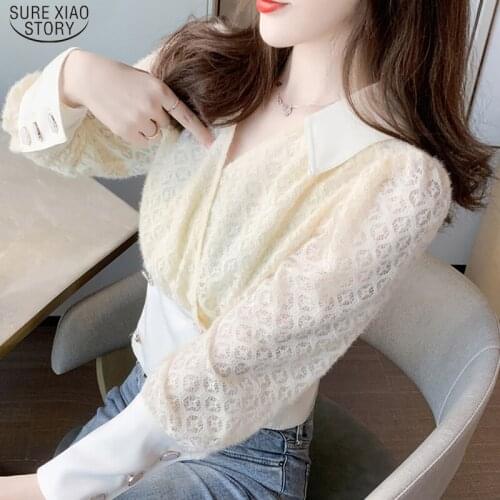 Gentle Fashion Female Clothing Casual Long Sleeve Apricot Women Shirt 2021 Autumn Sexy V-neck Lace Blouse Women Top Blusas 16137