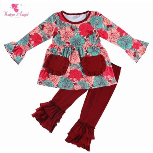 Kaiya Angel New Arrival Fall Baby Girls Clothing Boutique Penoy Top Solid Ruffle Pants Children Party Wedding Outfits Wholesale