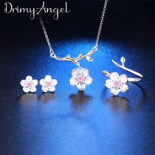 Korean Wedding Bridal Jewelry Sets Crystal Pink Flower Necklaces Rings for Women Statement Jewelry 2021