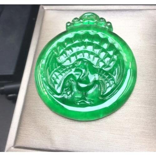 Admirable Green jade circular Pendant Amulet peafowl hanging drop Talisman