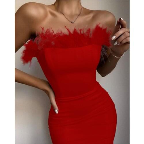 High Quality Black Strapless Feather Rayon Bandage Dress Evening Party Dress