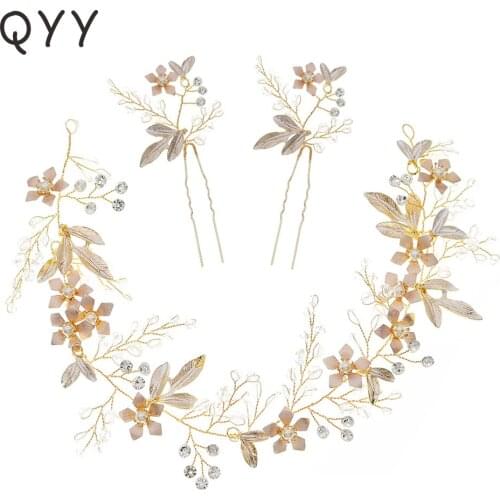 QYY Fashion Crystal Flower Headbands for Women Accessories Gold Color Hair Pins Bridal Wedding Hair Jewelry Prom Headpiece Gifts
