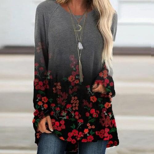 Elegant Flower Printed Oversized Pullovers Female T Shirt Loose Full Sleeve O-neck Tees Femme Harajuku Tops T-shirt Casual Wear