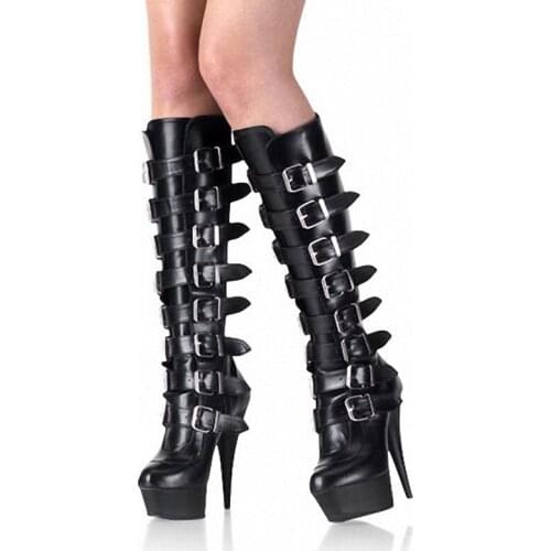 High Quality Women Faux Leather High-heeled Boots Ladies Platform Pumps Boots Fashion Buckle Zipper Botas Sexy Night Clubwear