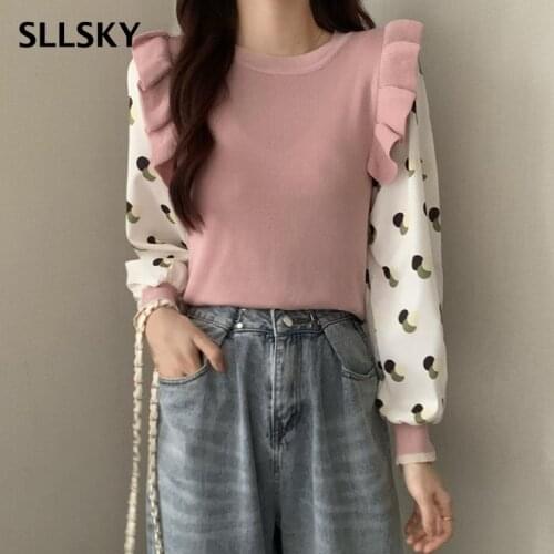 SLLSKY Casual Patchwork Knitted Pullovers Women Autumn New O-Neck Short Slim Female Pullover Sweater Long Sleeve Ladies Jumpers