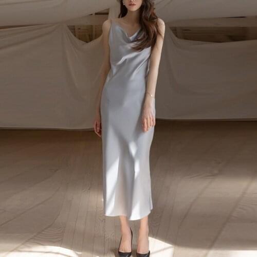 2021 Women Satin Halter Sexy Dress Solid Straight Pajamas Party Dress Elegant Female Summer Spaghetti Strap Dress Casual