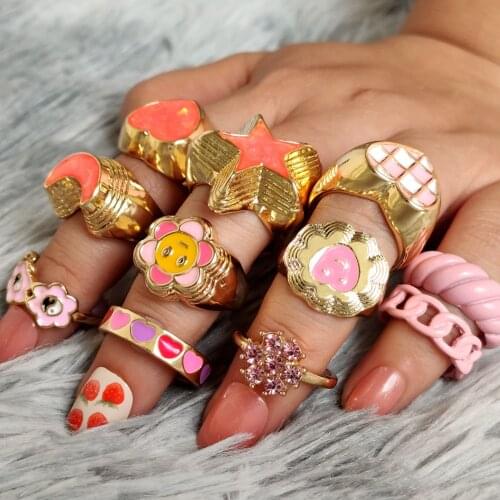 Pink Girl Series Smiley Love Heart Enamel Metal Rings For Women Shining Acrylic Resin Star Moon Ring Jewelry Best Gift For Girls