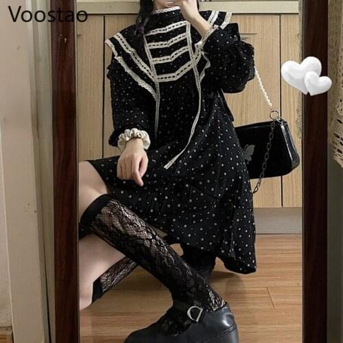 Spring Vintage Gothic Lolita Style Lace Patchwork Floral Mini Dress Autumn Women French Sweet Long Sleeve Loose Party Dresses