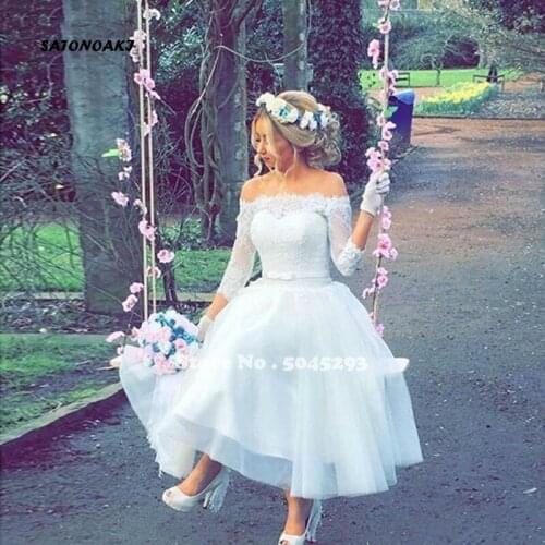 White Lace Tea Length Short Wedding Dress Off the Shoulder 3/4 Sleeve Ball Gown Bride Corto Vestido De Novia Mariage Online Shop