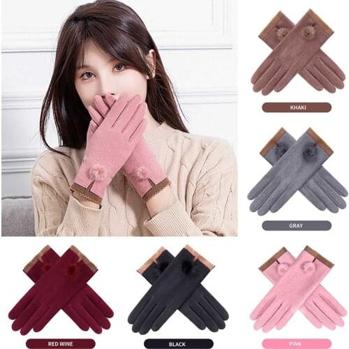 Winter Female Warm Plus Plush Thick Leather Bow Cycling Mittens Women Suede Leather Touch Screen Driving Full Finger Gloves
