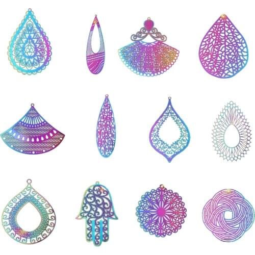 10pcs Stainless Steel Snowflake Filigree Stamping Pendants Hollow Flower Drop Filigree Charms AB Colors DIY Earring Jewelry