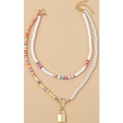 2 Pcs/Set 2020 Fashion Multicolor Polymer Clay White Pearl Asymmetry Necklaces Chokers Trendy Women Gold Lock Pendant Necklace