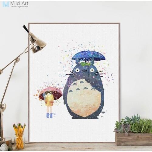Watercolor Miyazaki Cartoon Anime Totoro Kawaii Animal Canvas A4 Art Print Poster Wall Picture Kids Room Decor Painting Custom