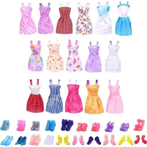 Besegad 16PCS Mini Girl Doll Summer Dresses Skirt Gown Outfit Clothes with 20 Pairs High Heels Shoes Accessories for Barbie Toy