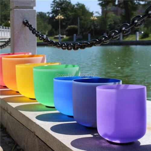 Chakra Tuned Set of 4 Frosted Quartz Crystal Singing Bowls 8'' 10'' 12'' 14'' With Color coating inside free suede mallet