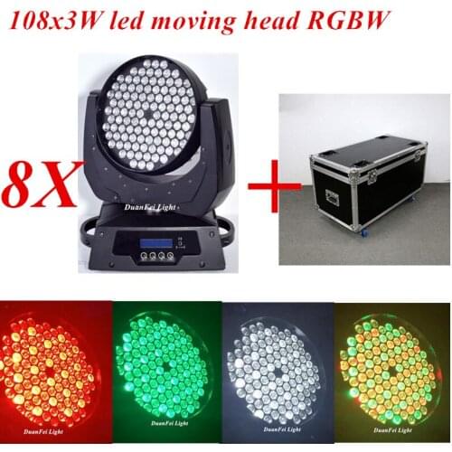 Flightcase) 8pcs 108x3w led moving head wash stage party light rgbw moving head led wash lyre