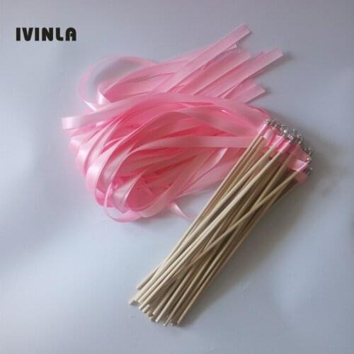 Hot Design 50pcs/lot Pink wedding ribbon wands stick with sliver bell for wedding decoration
