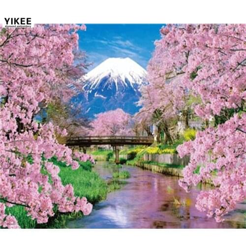 Diy5d diamond painting,Fujiyama and sakura,diamond painting nature,rhinestone picture