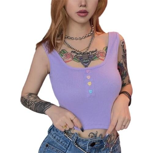 Summer Women Sexy Knit Crop Top Fashion Casual Solid Color Button Stretch Slim Fit Tank Tops Camisole