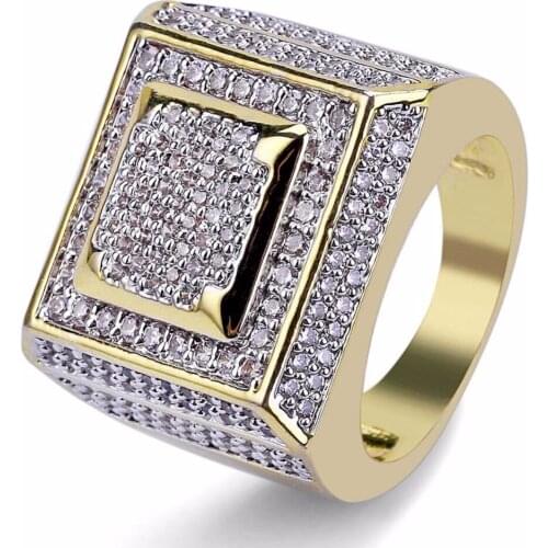 Fashion Cubic Zirconia Pave Bling Ice Out Hip Hop Ring Male Gold Color Copper Material CZ Stone Square Rings for Men Jewelry