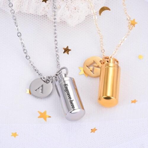 Engraved Stainless Steel Cremation Urn Ashes Cylinder Vial Pendant Necklace Letter Initial Charm Memorial Jewelry