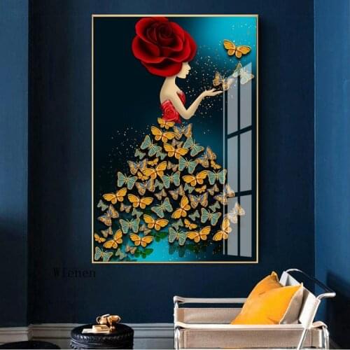 Nordic Modern Style Poster Characters Colorful Flowers Butterfly Abstract Girl Canvas Decor Painting for Living Room Aisle