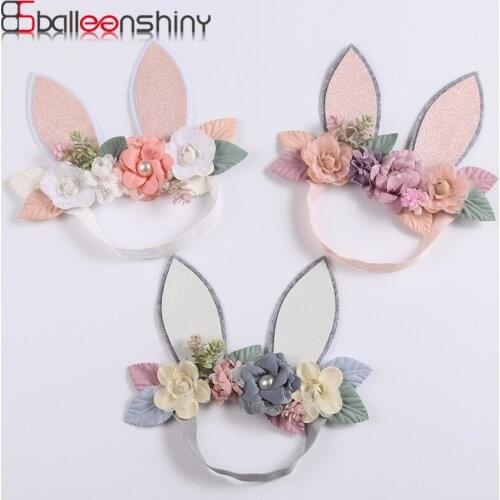 Balleenshiny Cute Festive Baby Girls Headband Glitter Rabbit Ears Mesh Lace Stitching Combination Flower Childrens Headdress
