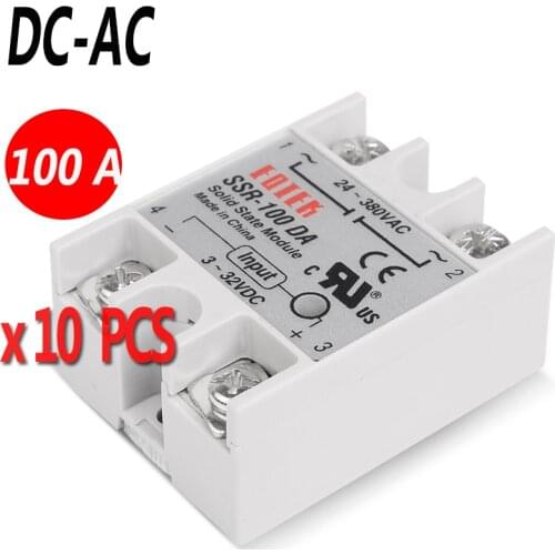 10 PCS 100A DC-AC Industrial Solid State Relay 4-32V DC Input and 24-380VAC Output SSR-100DA Sinotimer