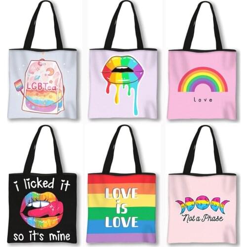 Pride Lgbt Gay Love Lesbian Rainbow Lips Handbag Bisexual Tote Bags Love Is Love Shoulder Bag for Travel Pansexual Shopping Bag