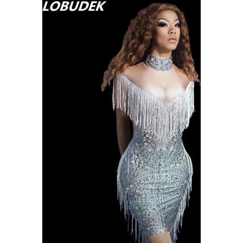 Sexy Women Silver Rhinestones Tassels Short Dress Birthday Evening Performance Stage Tight Dress Prom Stage Performance Costume