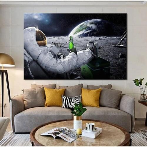 Modern Wall art Astronaut Beer Landscape on the Moon Canvas Painting Posters Prints Cuadros Wall Art Pictures For Living Room