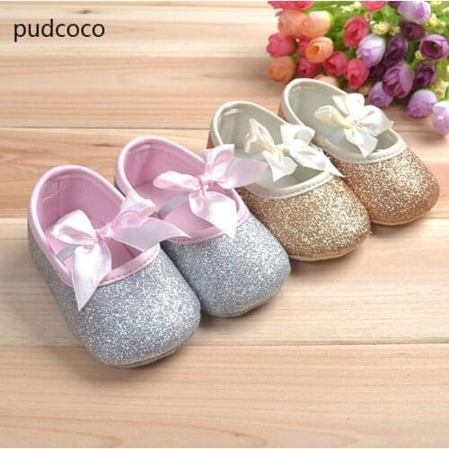 Glitter Sequins Soft Sole Baby Girl Shoes Anti-slip Bow Gold Silver First Walkers Toddler Infant Newborn Prewalker Summer