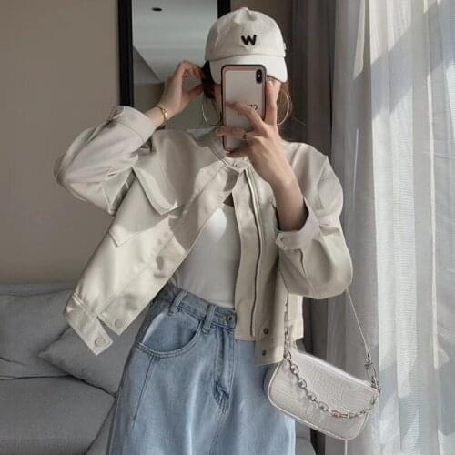 2021 Spring Autumn Loose Big pocket Women Faux Washed Leather Coat Short Long sleeve Stand collar Motorcycle Biker Jacket Female