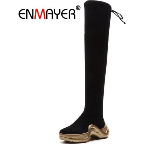 ENMAYER Flock Boots Over-the-Knee Zip Round Toe Chunky Heels 6 Colors Shoes Women Winter Women Long Boots Party Shoes CR2037